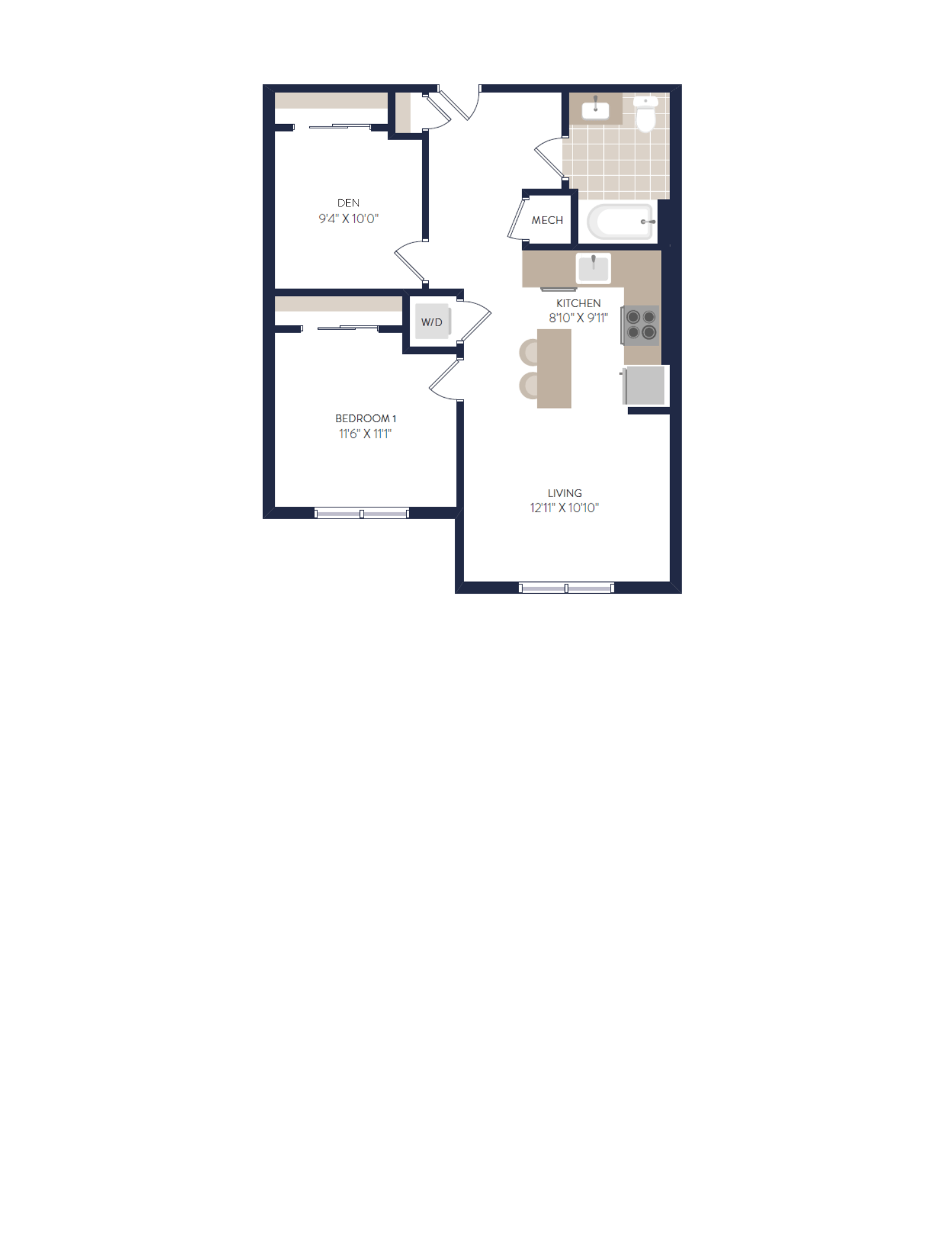 Floor plan for 1 bed, 1 bath, 730 sqft